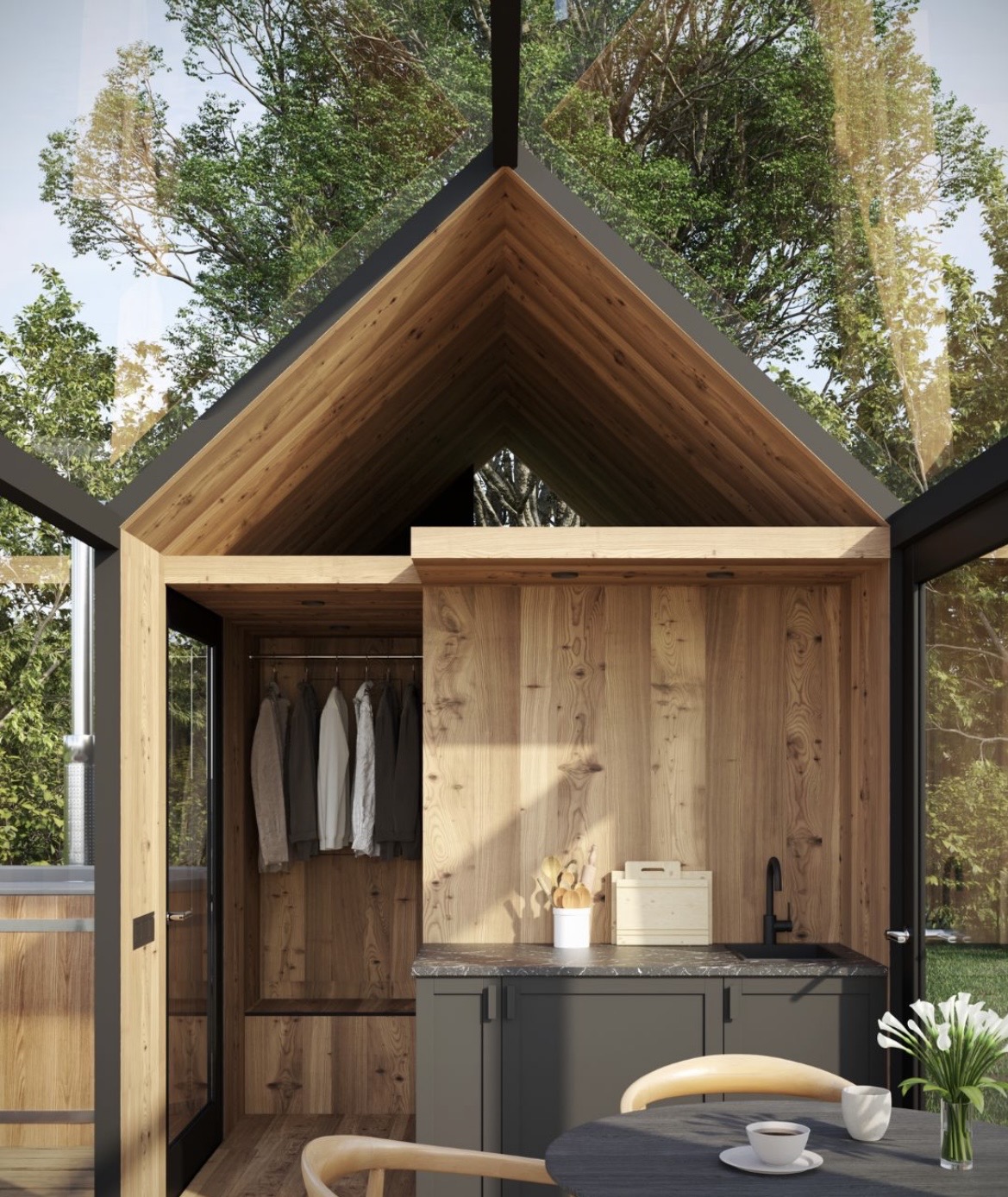 SAGA cabin interior wardrobe kitchen